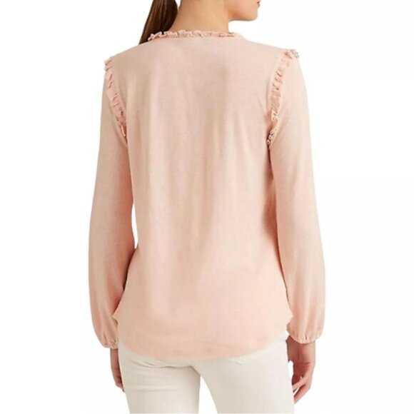 NWT LAUREN RALPH LAUREN BLACK LABEL LINEN Blend Ruffle Neck Top Keyhole Neck LG - Picture 4 of 15